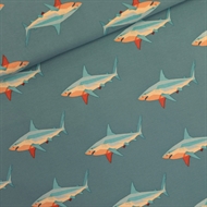 Afbeelding van Sharks - M - French Terry - Stoffig Turquoise